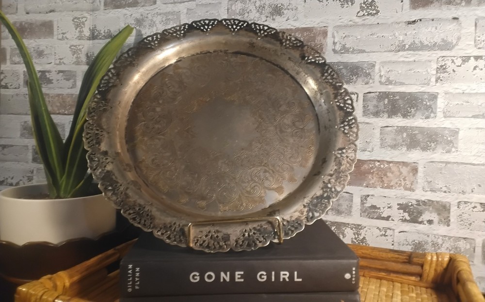 Home Decorators Silver Plated Round Tray Platter Reticulated scalloped 12.75”