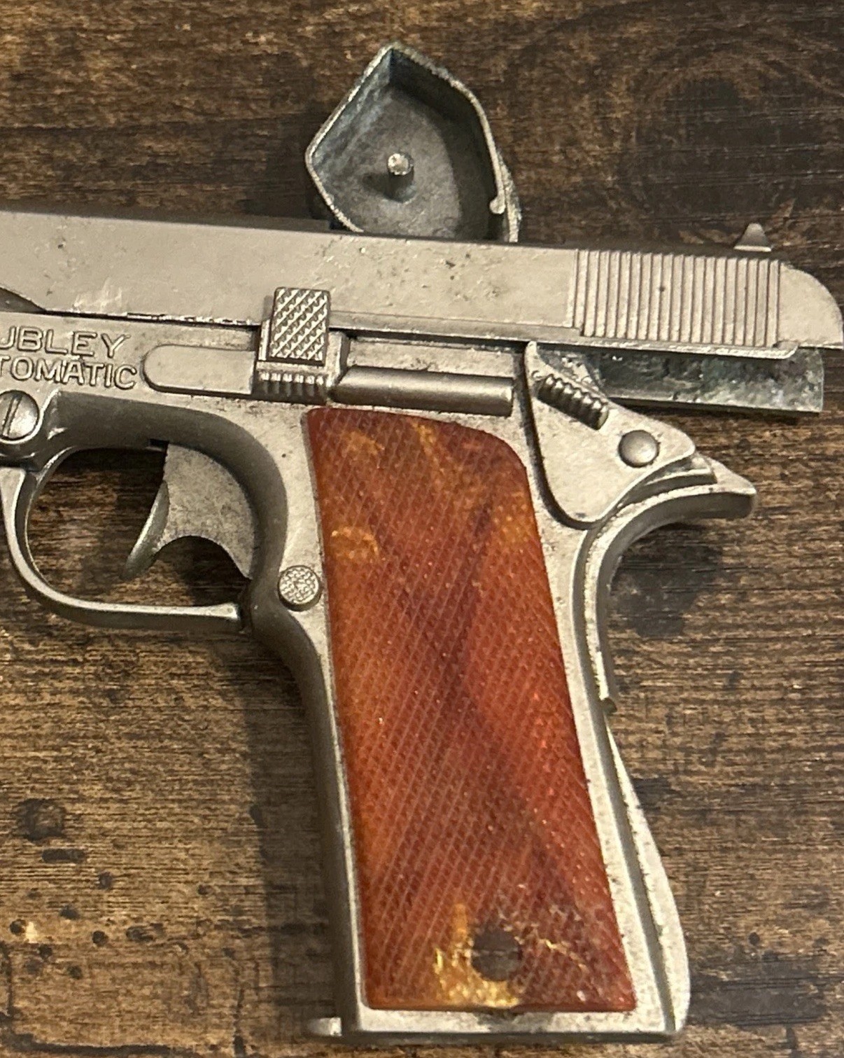 Vintage 1950s Hubley Automatic Colt 1911 6.50" Toy Cap Gun Pistol Fixed Orange