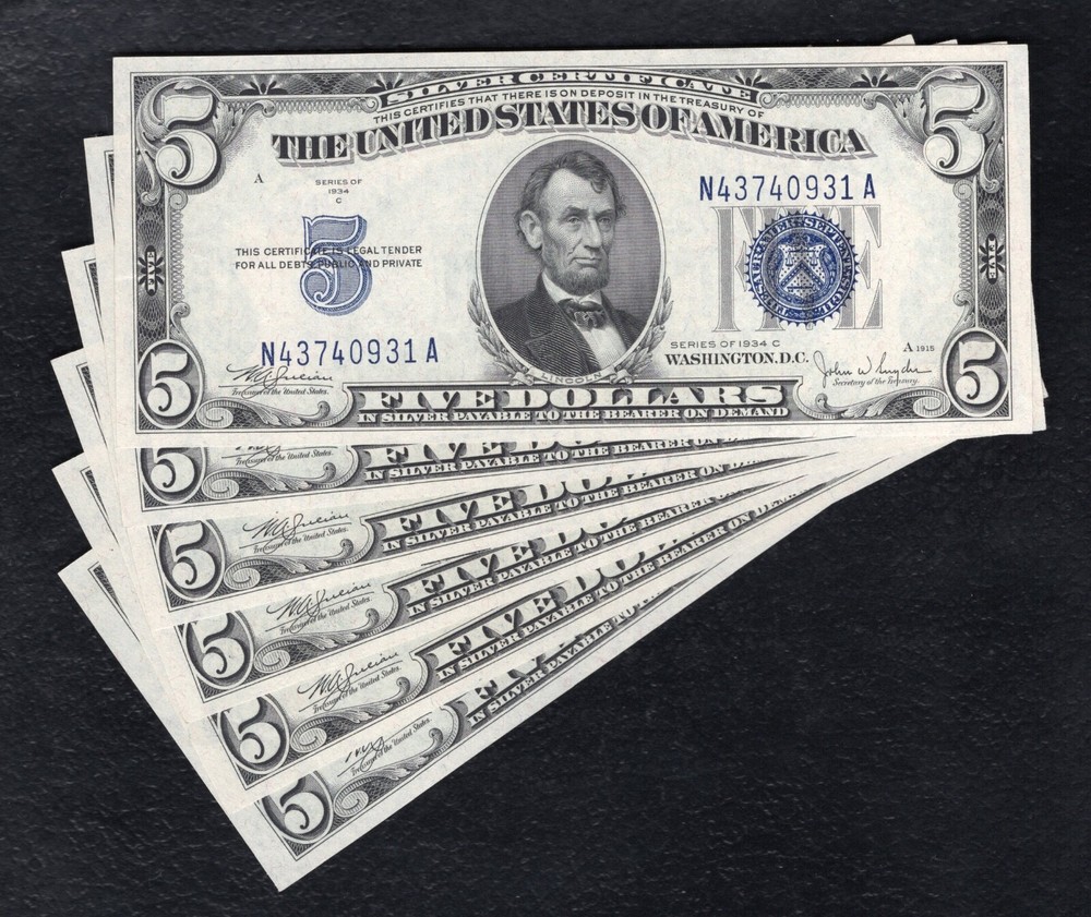 (6) CONSECUTIVE FR. 1653 1934-C $5 SILVER CERTIFICATES GEM UNCIRCULATED