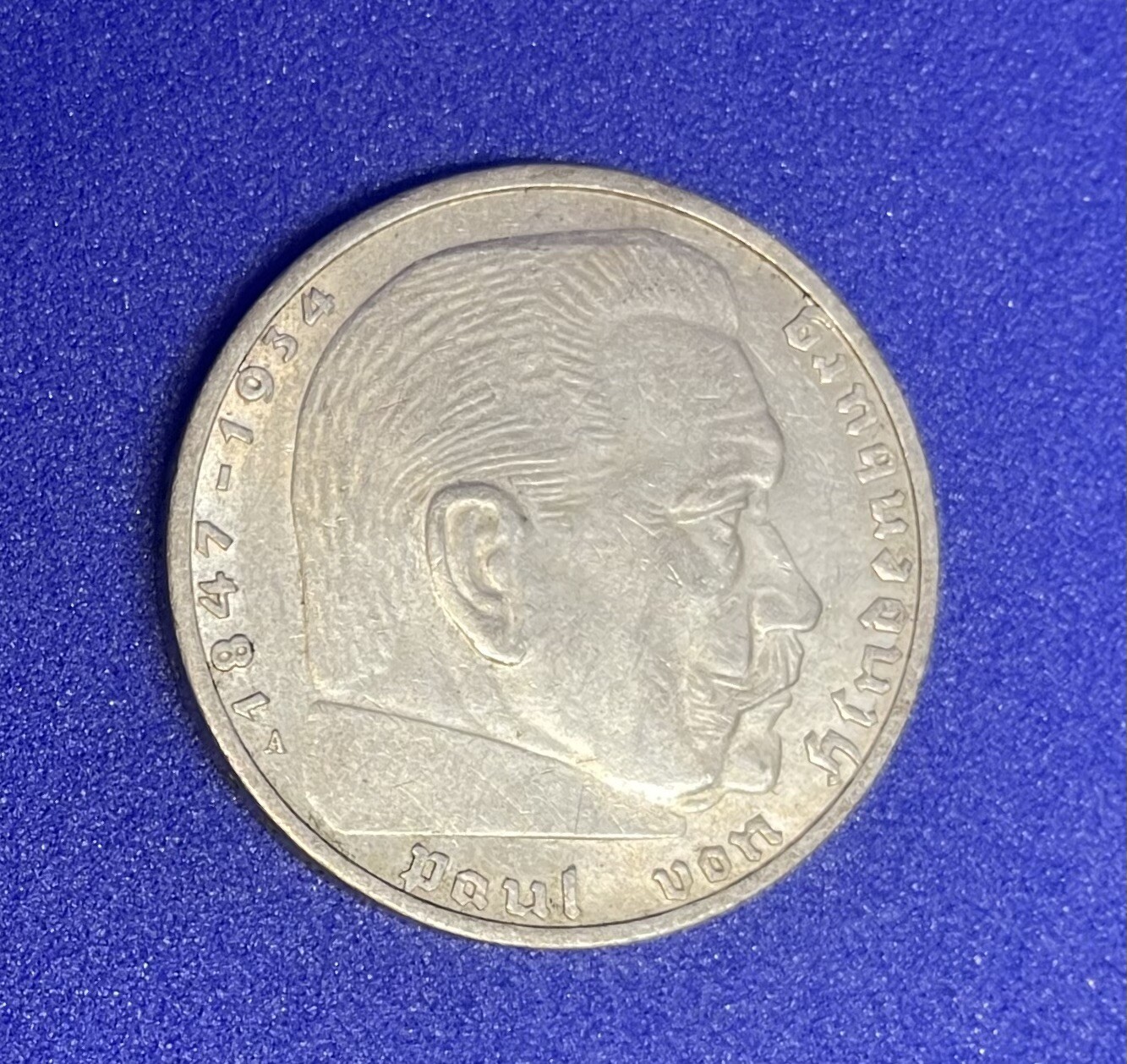 1937 A German 2 Reichsmark Coin, WW2, Von Hindenburg, Swastika, Silver