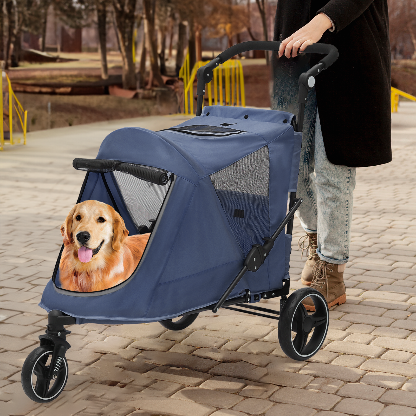 Foldable Dog Stroller Breathable Pet Travel Carrier Cart w/Foot Activated Lock