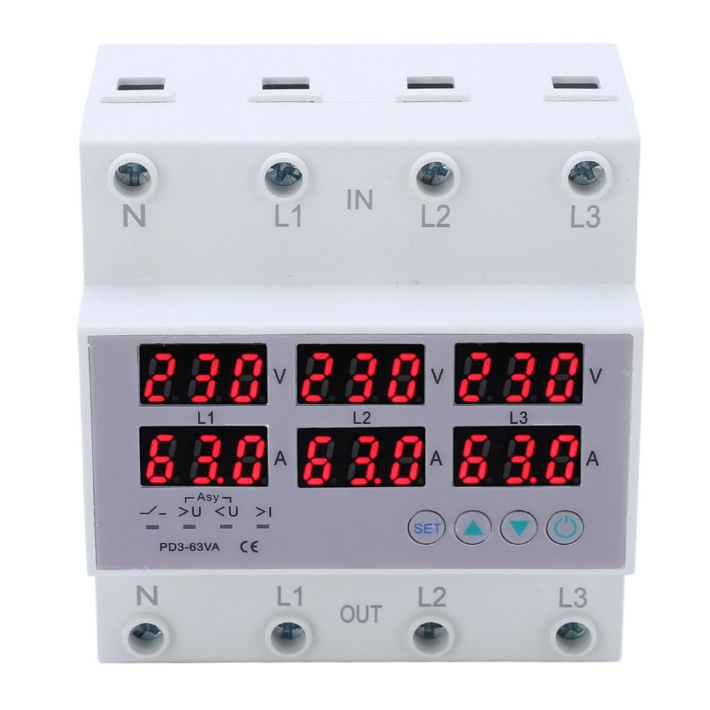 3 Phase DIN Rail Voltmeter Ammeter Auto Overvoltage Overcurrent Protector AC 63A
