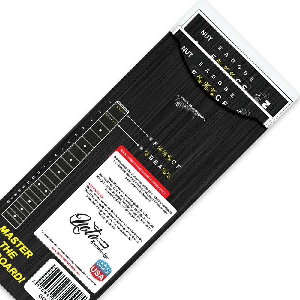 Learn Guitar Note Placement Note Map Decals-Stickers w/Mini Chord Chart 2pk