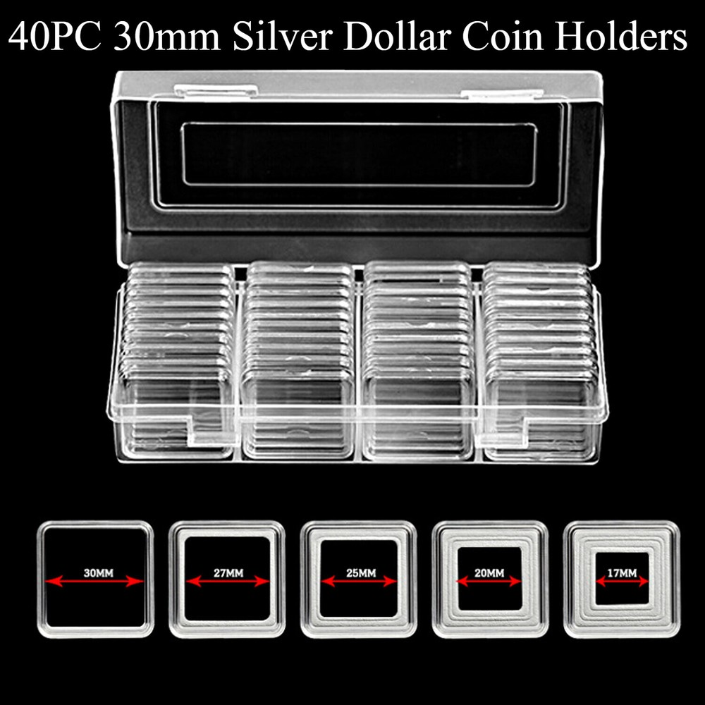 40Pack 30mm Square Coin Capsules Holders Container for Silver Dollar Storage Box