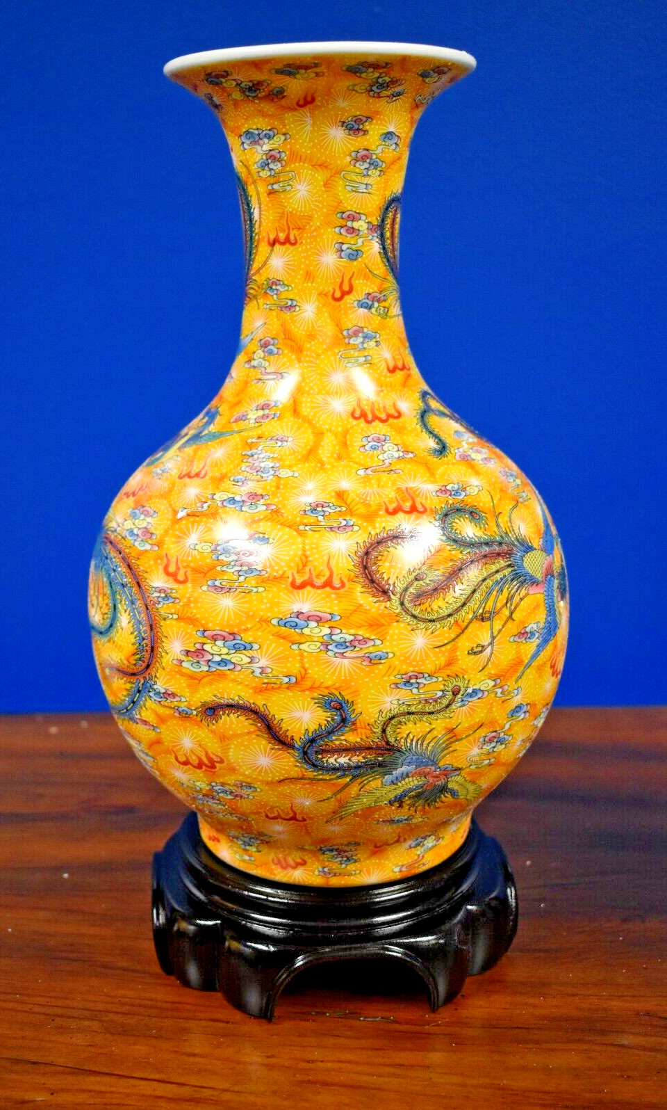14" YELLOW PHOENIX VINTAGE NOS CHINESE JINGDEZHEN PORCELAIN VASE W/STAND 16"