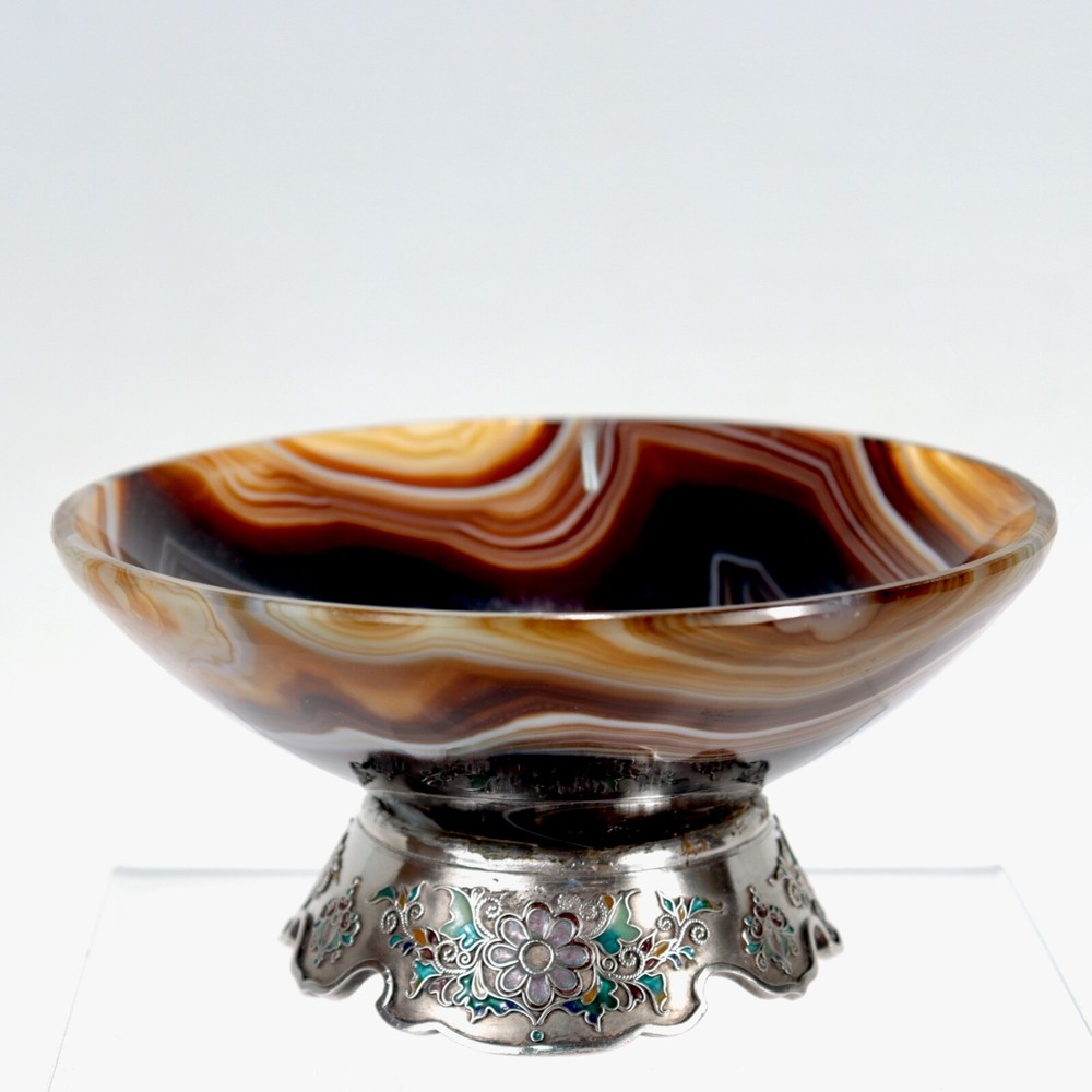 Old or Antique Enameled Austrian Silver & Agate Bowl.