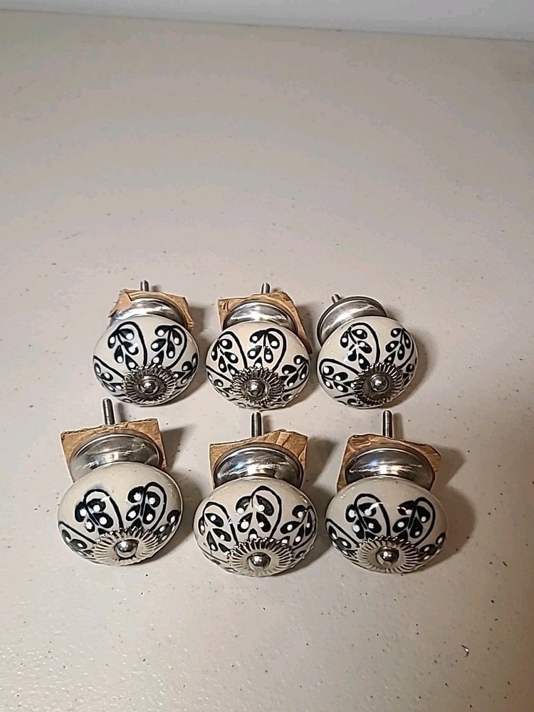 6 Antique Style Ceramic Hand Decorated Silver Tone Drawer Pulls Knobs Flowers