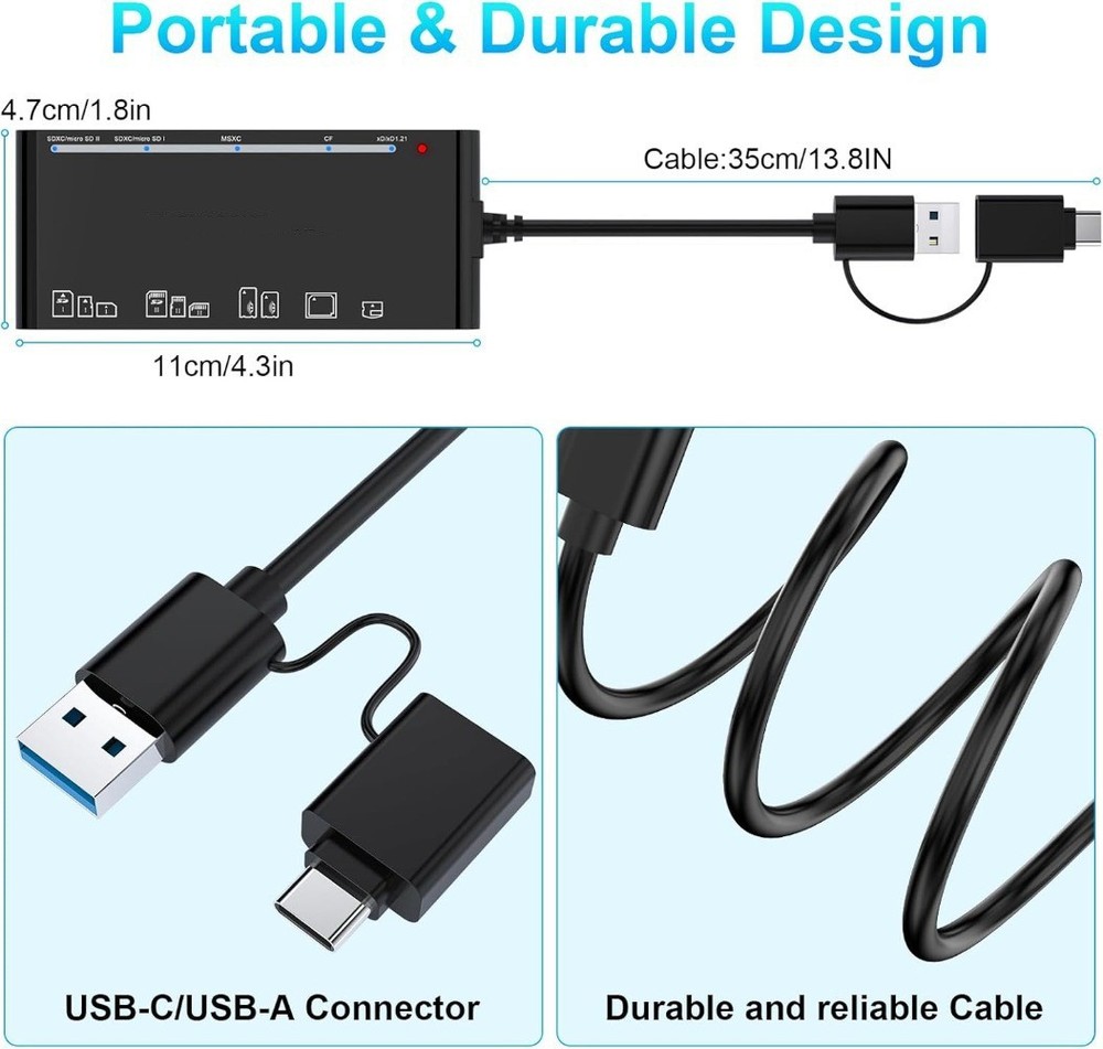 USB 3.0 Memory Card Reader, 7 in 1 Adapter Hub, for SD, CF, TF, Micro SD, XD, MS