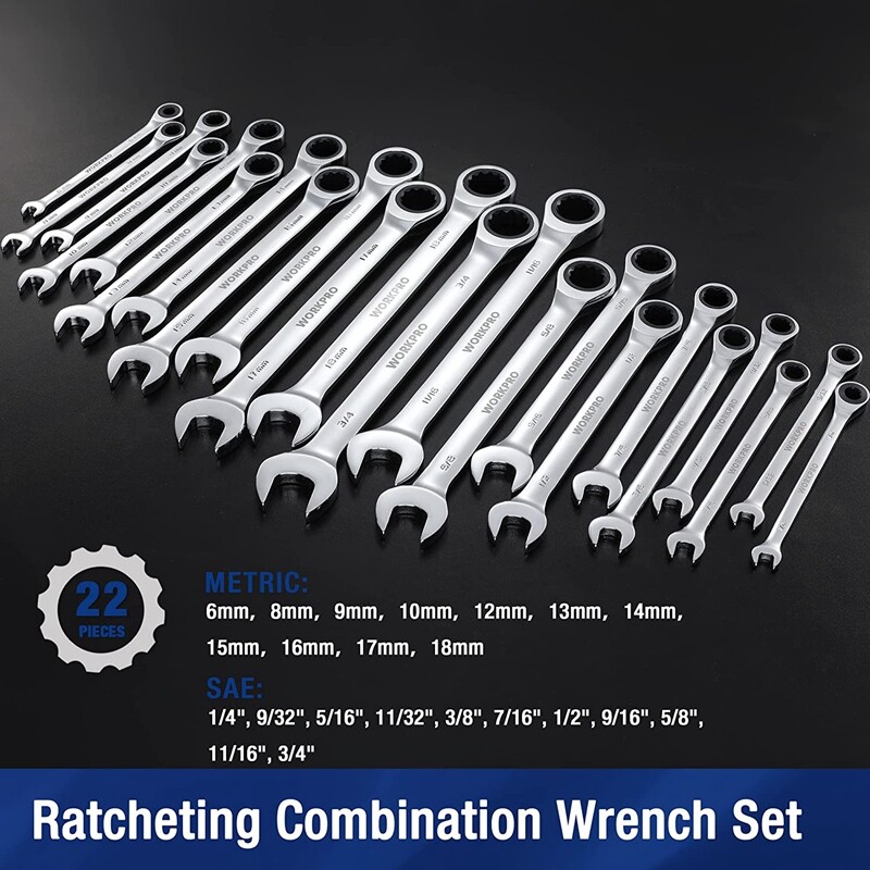 WORKPRO 22PCS Ratcheting Combination Wrench Set 12Point Combo Ratchet Wrench Set