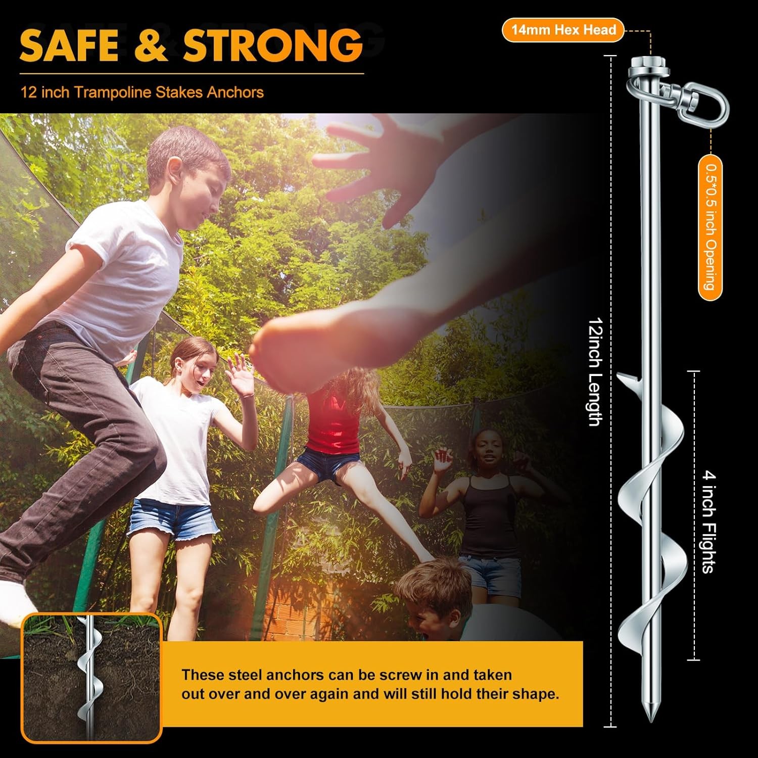 12-Inch Ground Anchors Screw-In Tent Stakes, 8-Piece Set