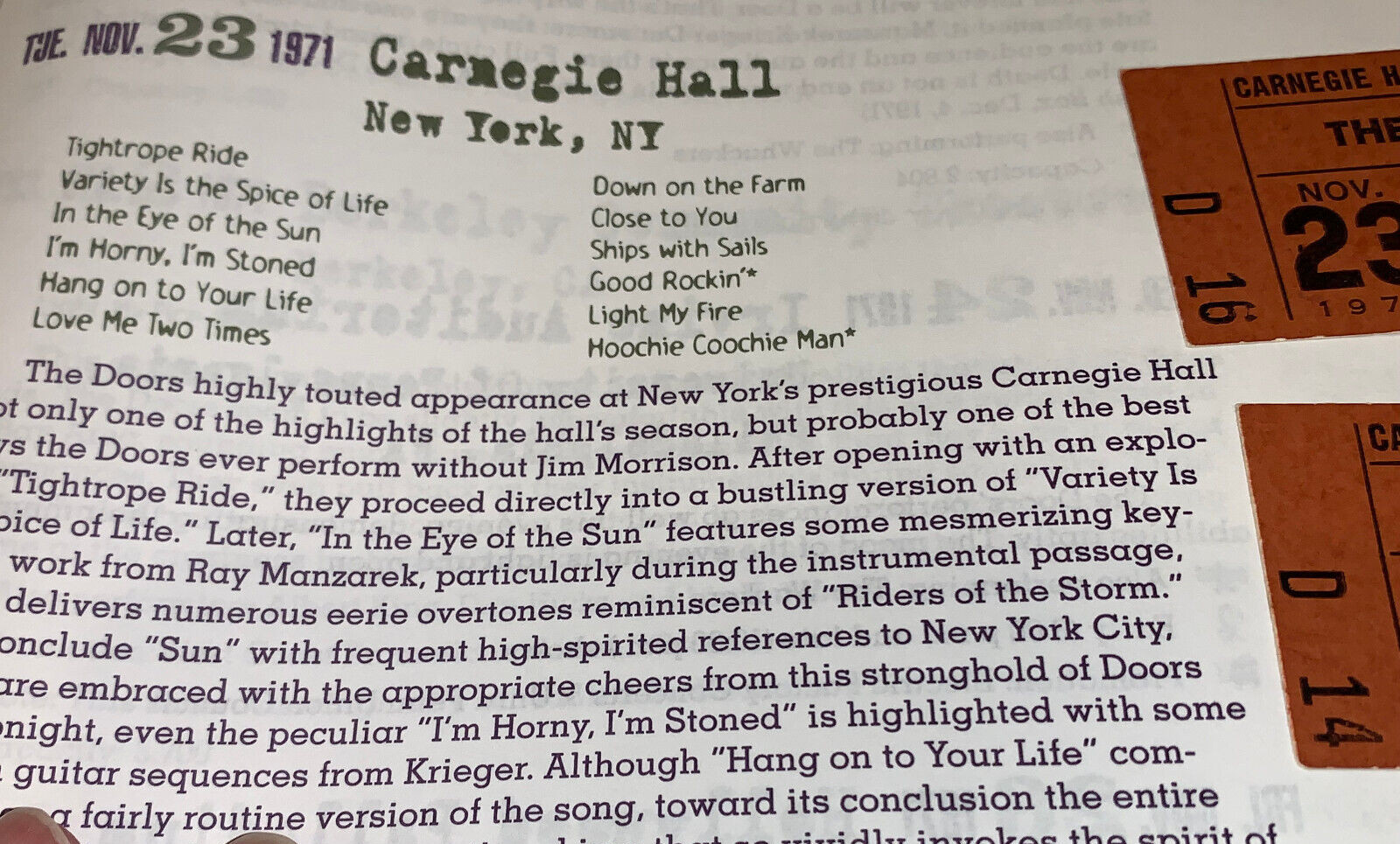 THE DOORS 1971 CONCERT TICKET STUBS CARNEGIE HALL Ray Manzarek Robby Krieger USA