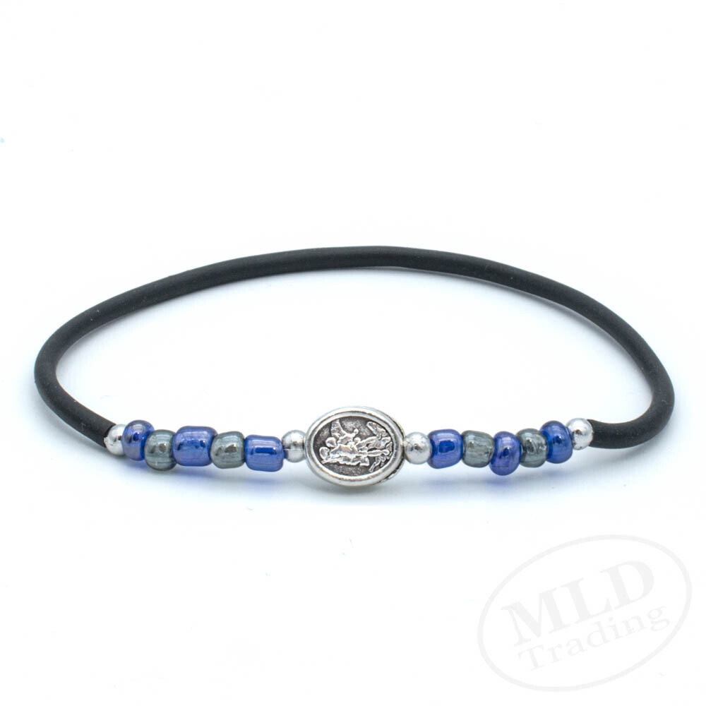 Saint St. Michael Guardian Angel Stretch Rosary Bracelet w Blue Glass Beads