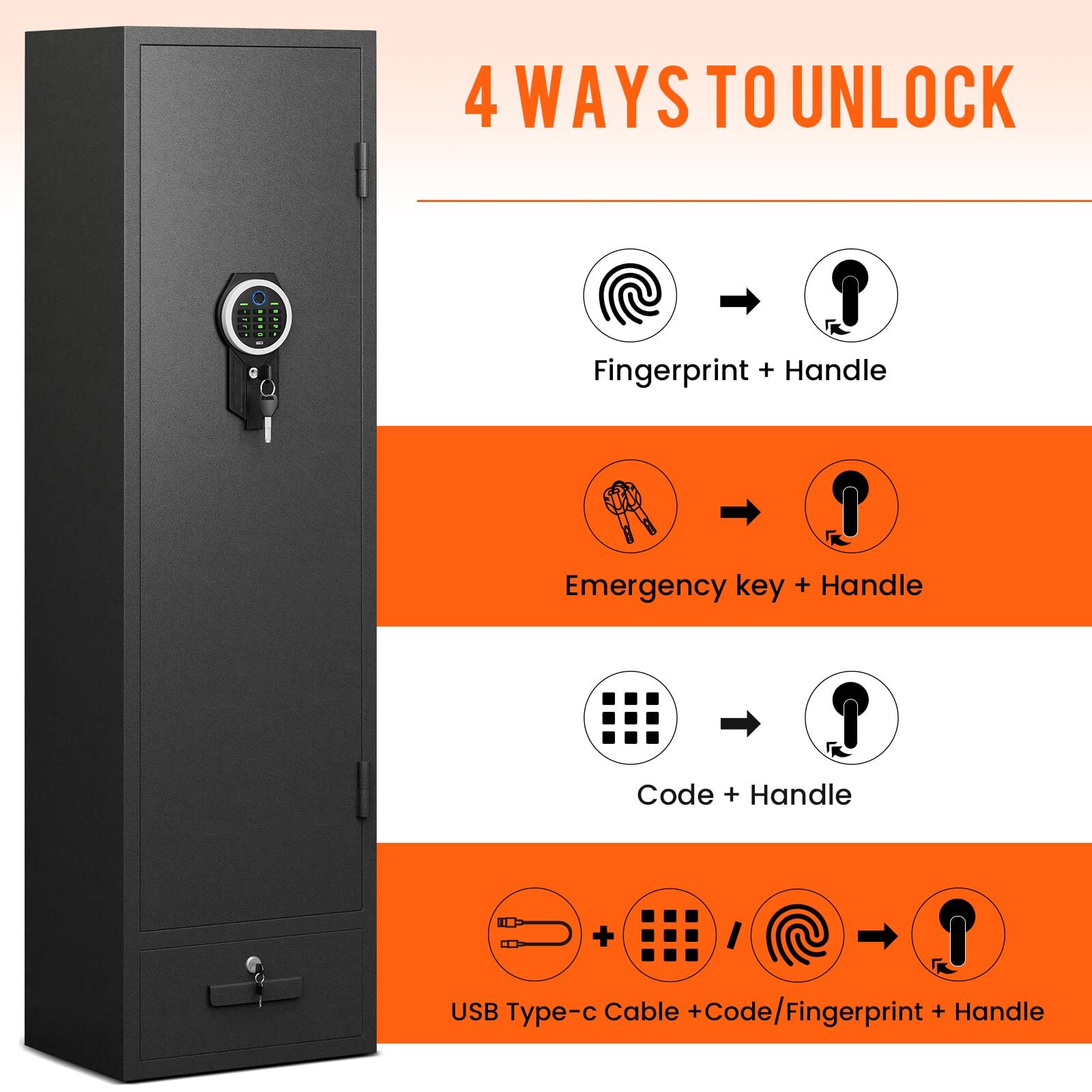 4-5 Gun Rifle Safe for Home Rifle and Pistols, Biometric Gun Safe with Drawer