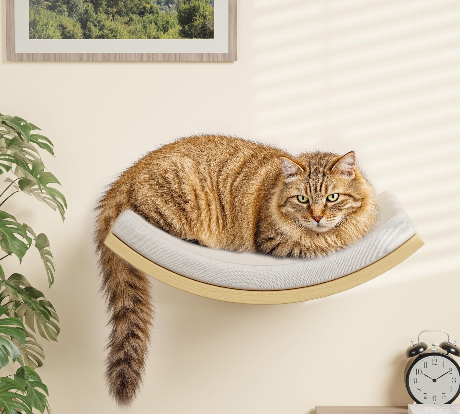 Cat Wall Shelf with Curved Hammock Bed, Wall Mounted Cat Perch with Beige Sof...