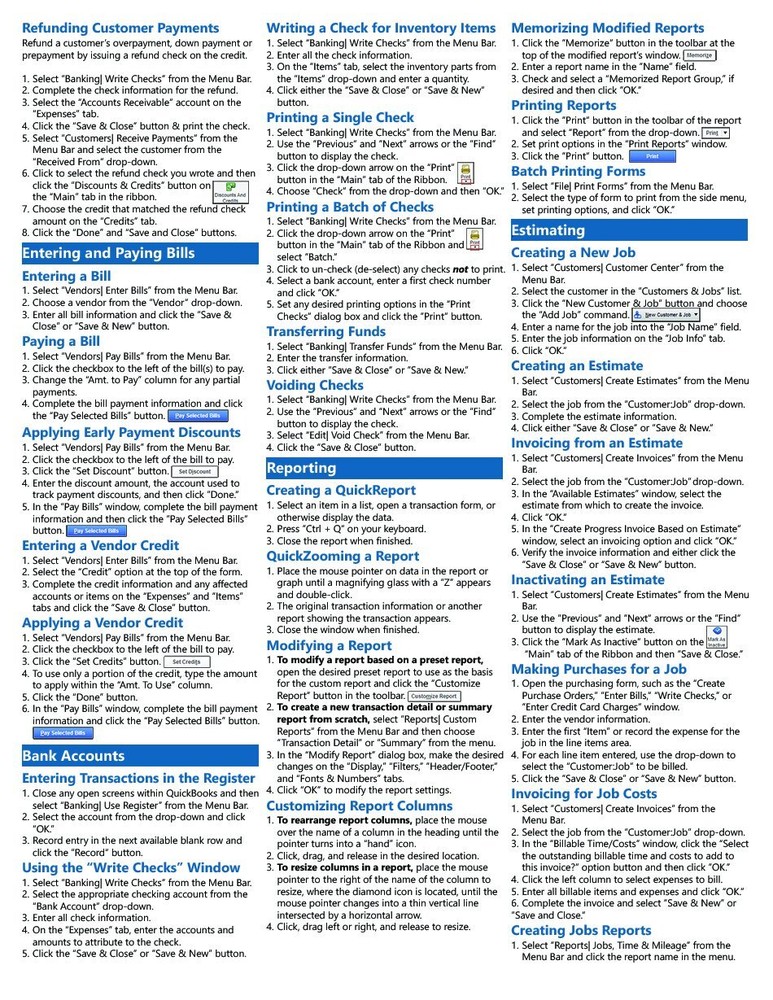QuickBooks Pro 2014 Training Guide Quick Reference Card 4 Page Cheat Sheet