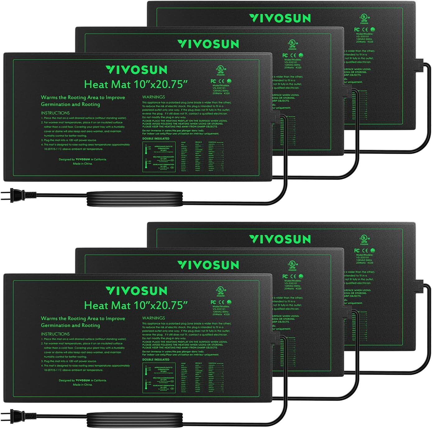 VIVOSUN 6 Pack 10"x20.75" Seedling Heat Mat Hydroponic Heating IP67 Waterproof