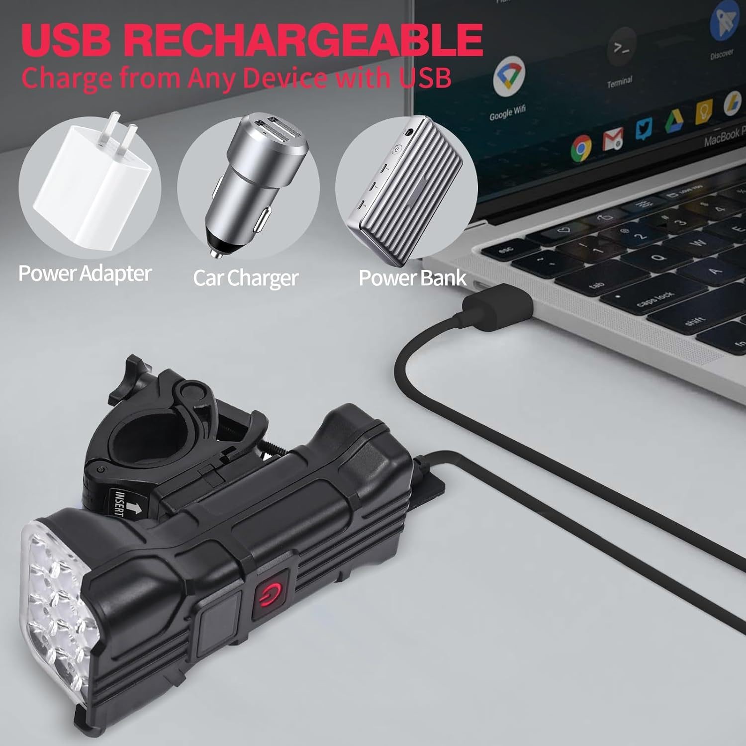 USB Rechargeable LED Bike Light Set Front and Rear Waterproof Cycling Lamp+Horn