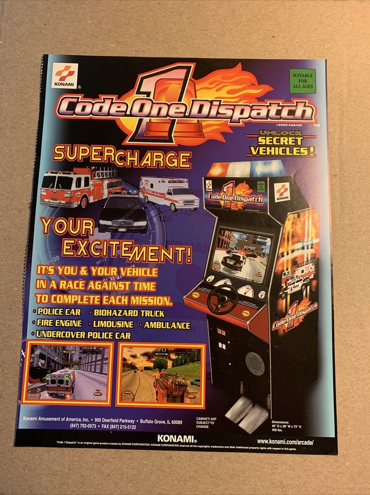 original  11- 8” 2000 Konami Code 1 one Dispatch arcade video game AD FLYER