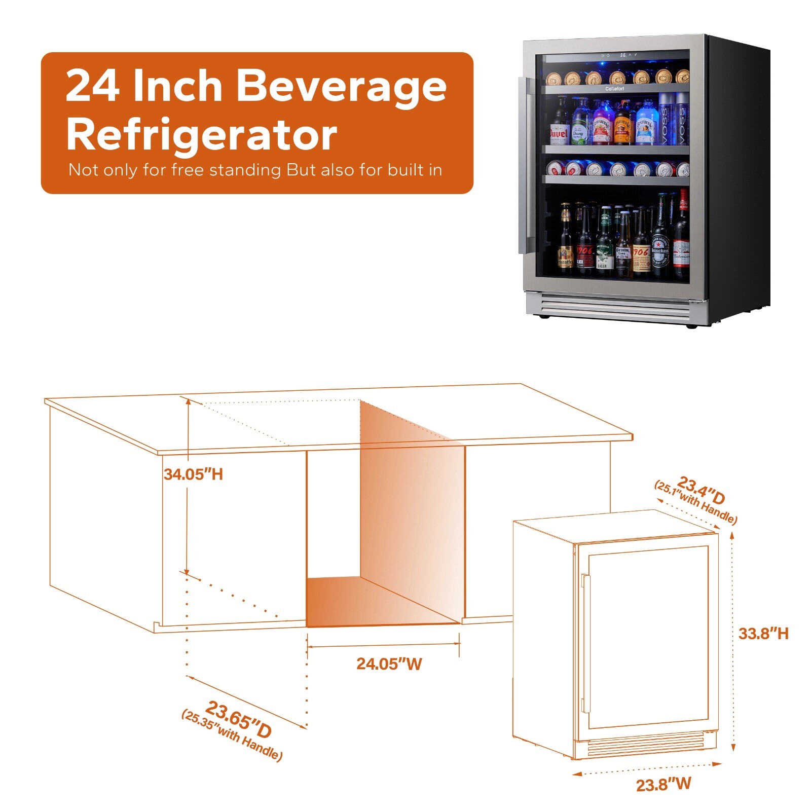 24" Ca'Lefort Beverage Refrigerator Cooler 180 Cans 34°F -54°F For Home/Kitchen