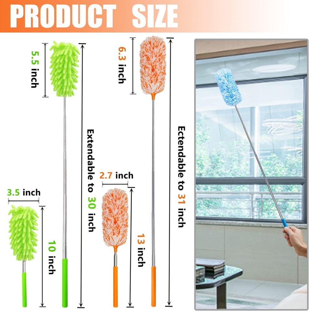 13-30" Extendable Feather Duster Kit Washable Head Car Office Cleaning 4 Pack