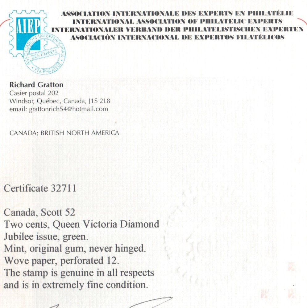Canada #52 Extra Never Hinged **With Certificate**