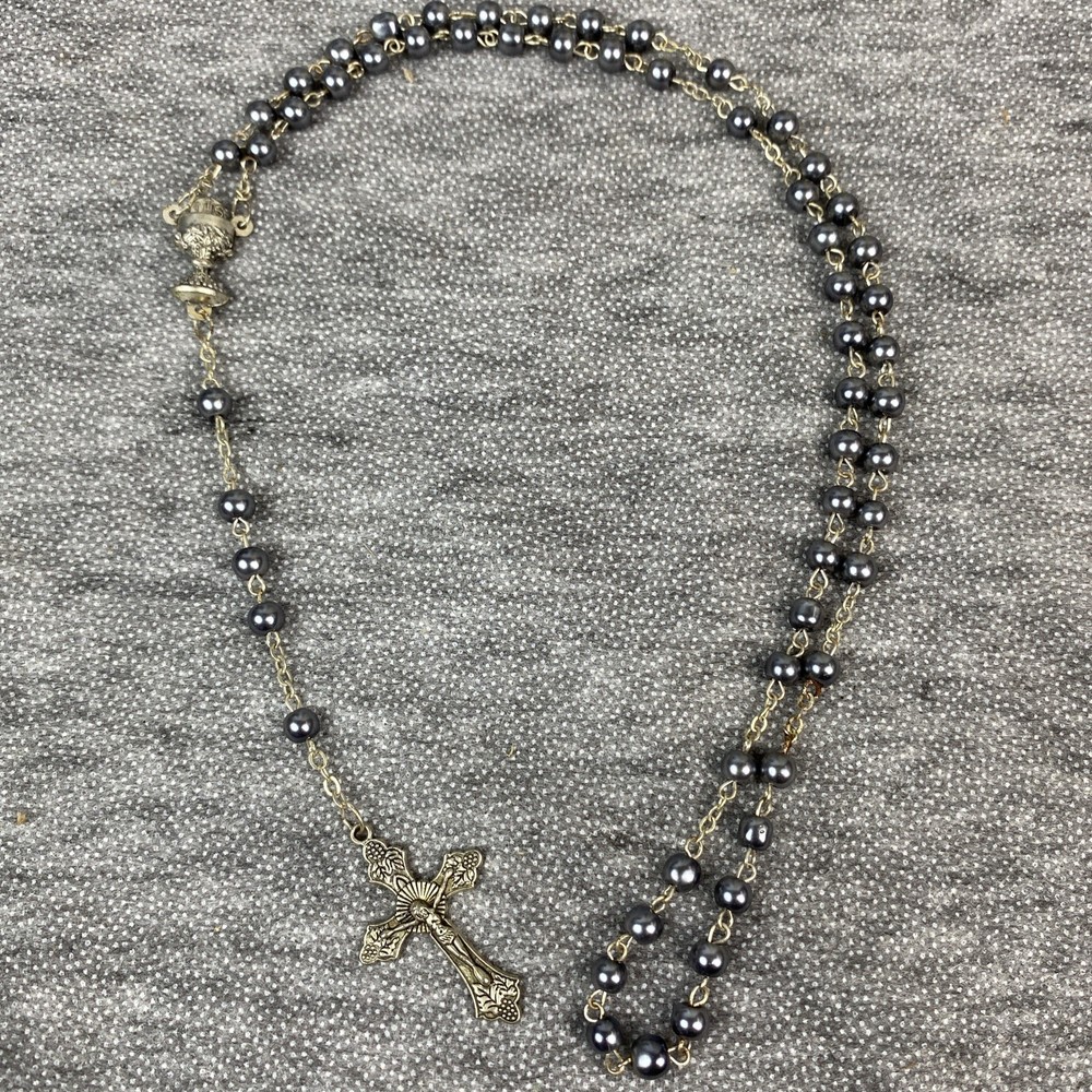 Rosary Silverish Gray Color Beads 16" Long Religious Crucifix Rosary