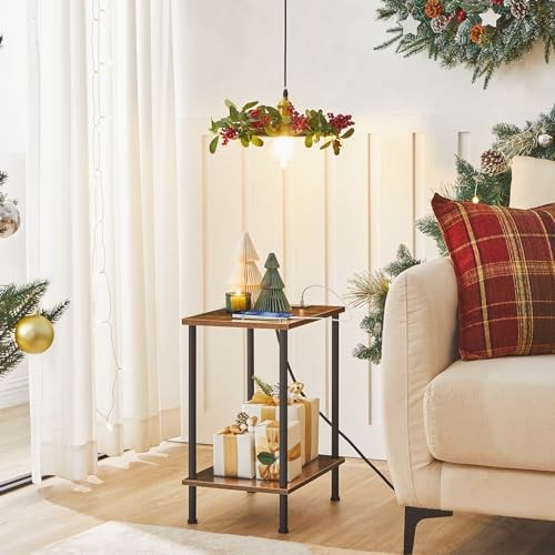 Side Table with Charging Station, Small End Table with 1 Rustic Brown + Black