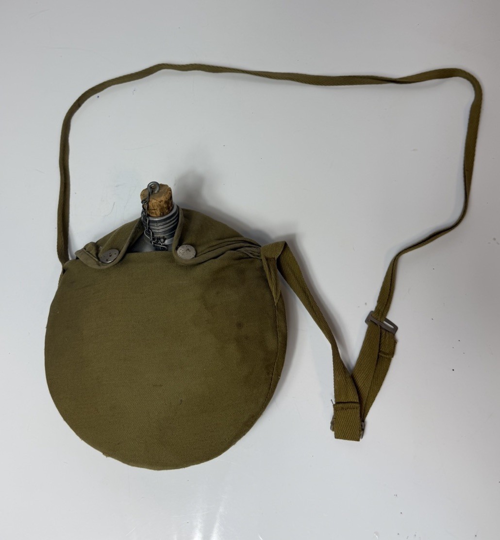 Vintage Military Metal Canteen W/Cloth Carrier, Cork Stop, Adjustable Strap