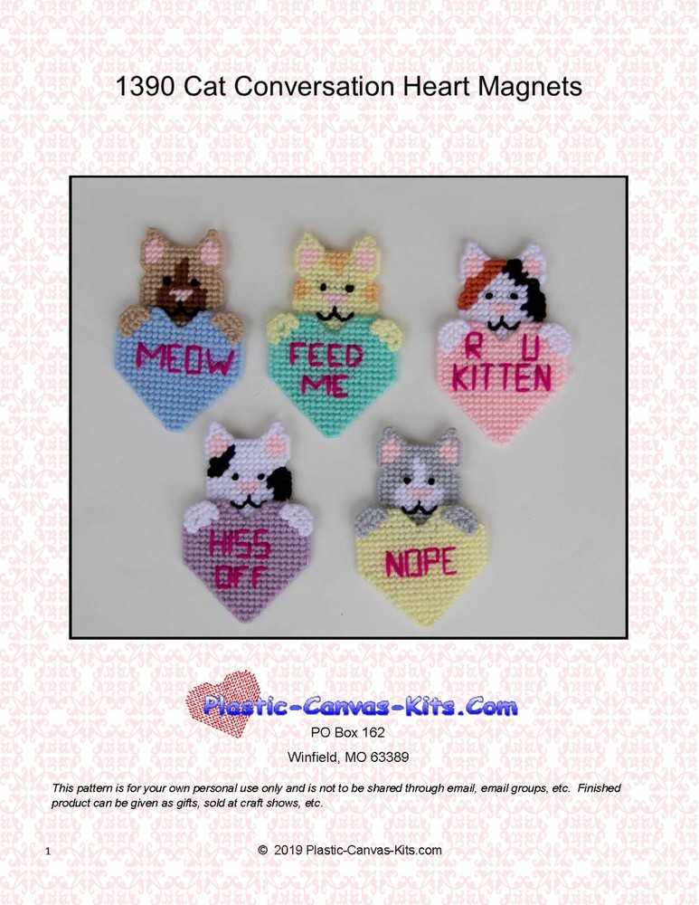 Cat Conversation Valentine's Day Heart Magnets- Plastic Canvas Pattern or Kit