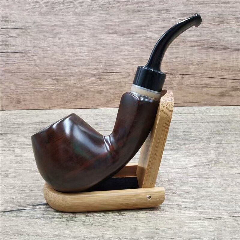 1 PCS Handcrafted Ebony Bent Pipe – Ring Hammered, 9mm Smooth Filter Flue