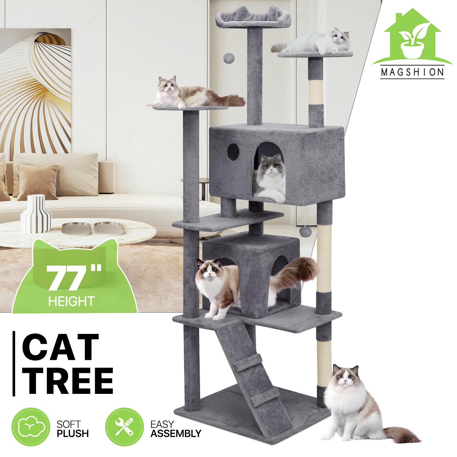 Cat Tree Cat Tower Large Kitten Playing Condo House 77" Multi-level Tipping Rope