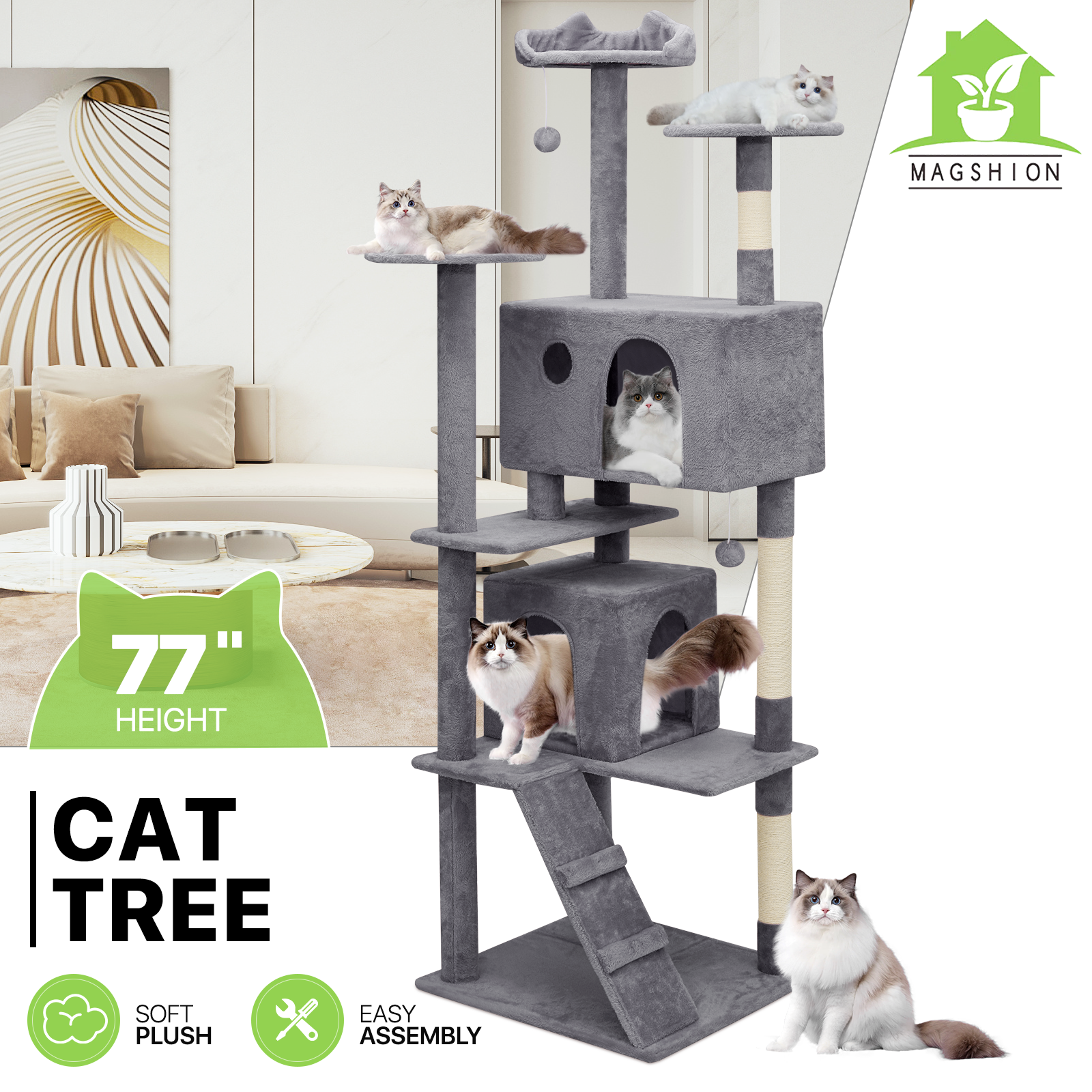 Cat Tree Cat Tower Large Kitten Playing Condo House 77" Multi-level Tipping Rope