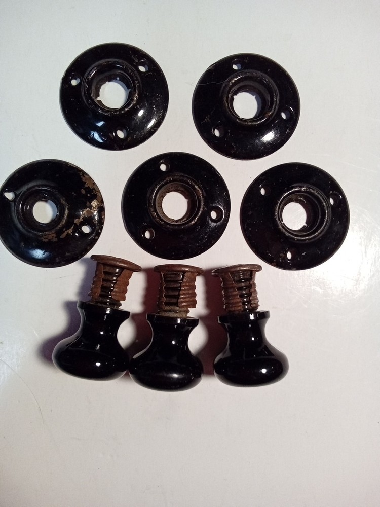 Black Porcelain (3) Drawer Pull Knobs (5) Door Rosette Plates Salvage