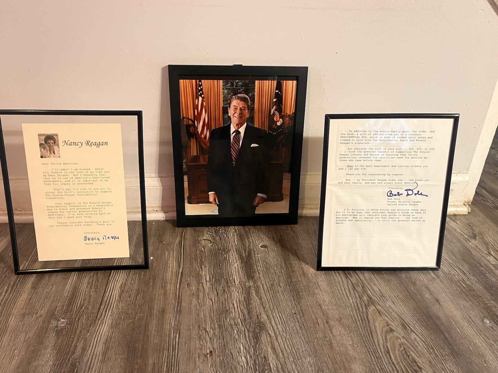 Framed Signed Letters From Nancy Regan And Bob Dole And Framed Photo Of Regan￼