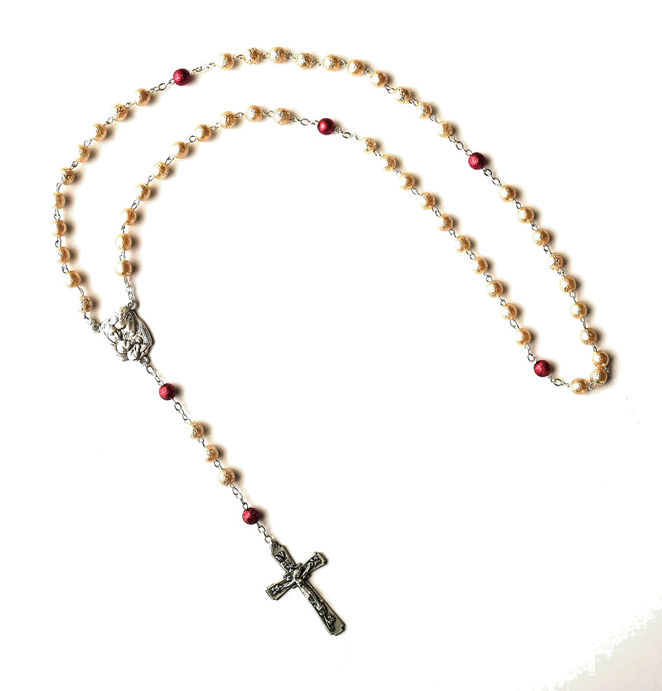 Holy Family Rosary with Artificial Pearl Beads and Pouch Included