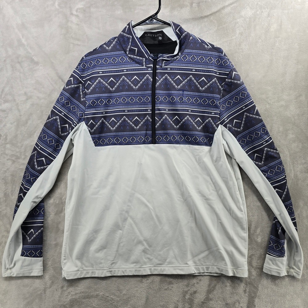 Greyson Size Large Blue White Aztec Geometric 1/4 Zip Golf Pullover Sweater