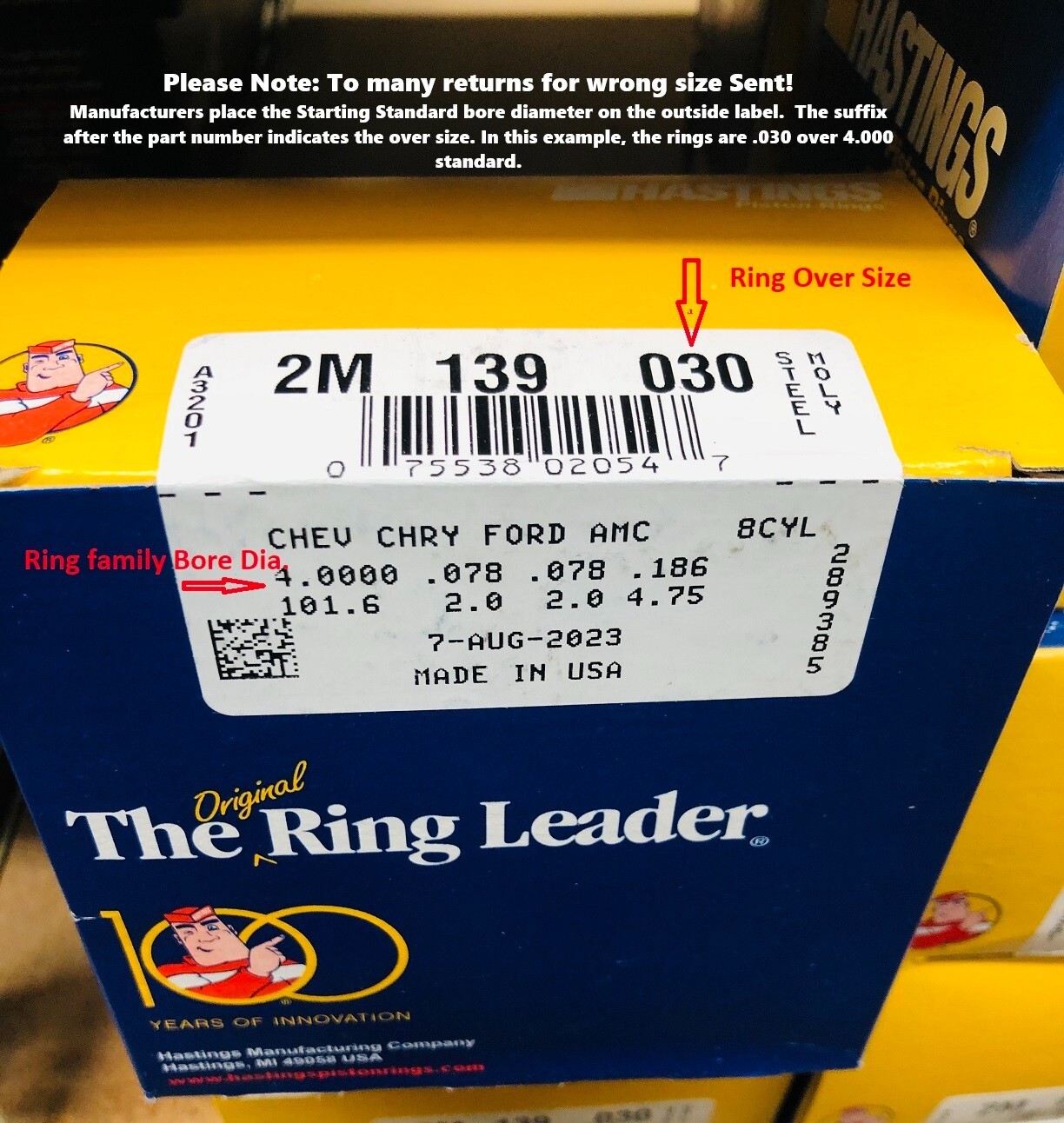 Hastings CAST Piston Rings Set Chevy SBC 327 350 383 5/64 5/64 3/16 +.030" over