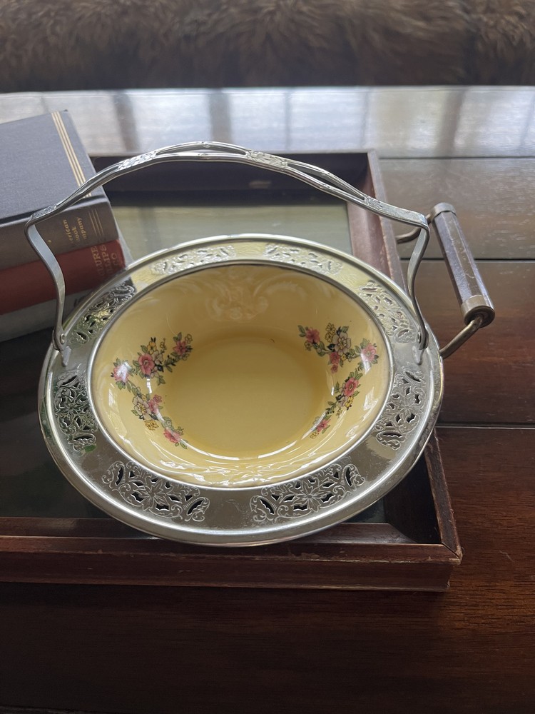 Vintage Provincial Ware Floral Bowl Silverplate Serving Caddy w Handle Insert