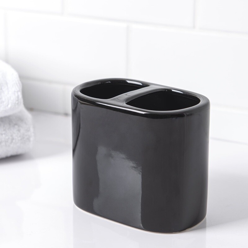 Ceramic Toothbrush Holder Glossy Black Bathroom Storage Two Openings Accessory