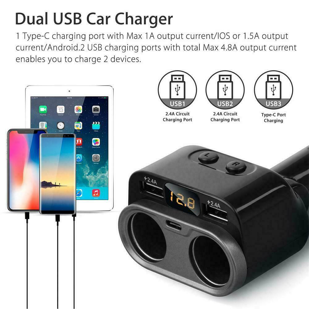 In Car Wireless Bluetooth 5.0 FM Transmitter AUX Receiver Adapter 2 USB Charger