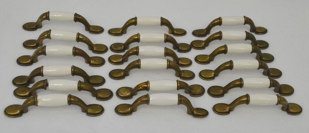 Vintage 70s Knob Brass Ceramic 3" pull door cabinet knobs kitchen hardware VTG