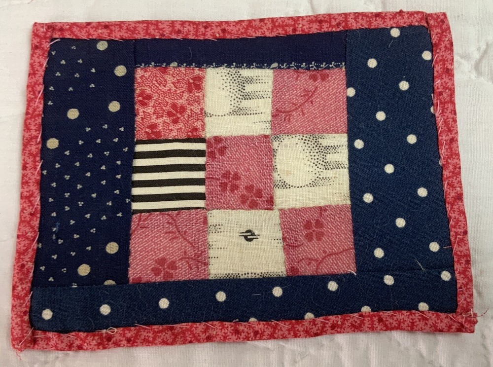 Antique Patchwork Quilt Table Topper Or Doll Quilt, Small, 9 Patch, Navy, Pink