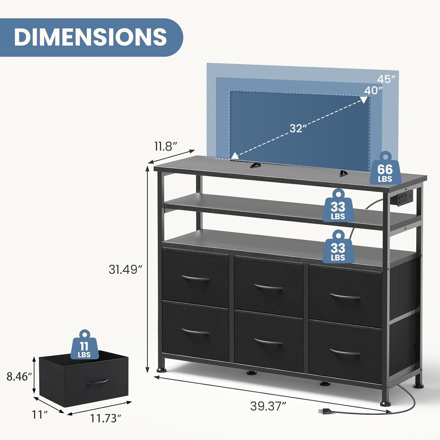 LED TV Stand with 6 Fabric Drawers Power Outlets USB Ports Adjustable LED Lights