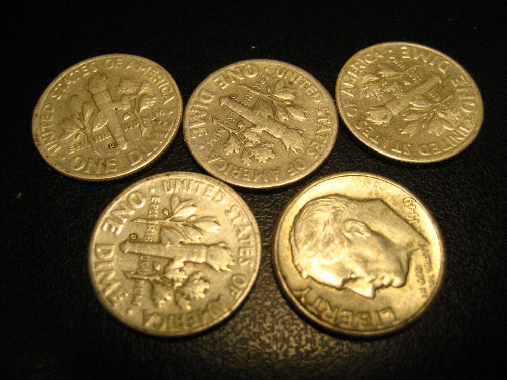 5 Pieces 1949-D 90% Silver Roosevelt Head Dimes