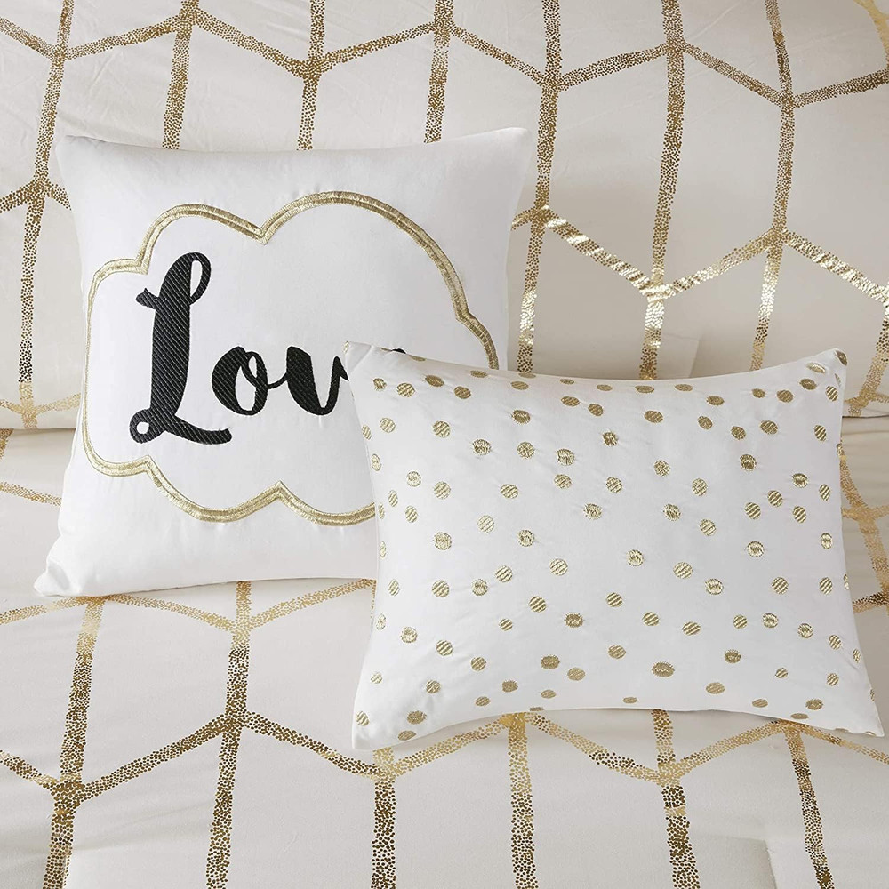 Raina King/Cal King Comforter Set, Soft Microfiber, Modern Geometric Metallic Be