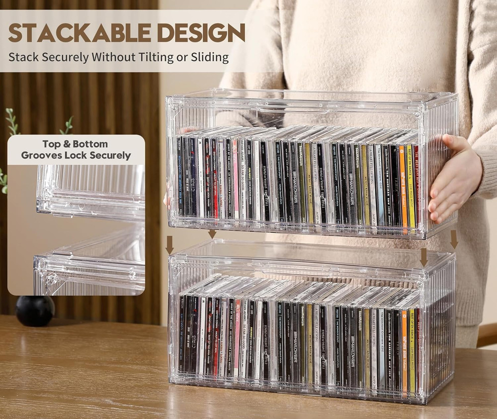 2-Pack Clear CD Storage Box, Stackable CD Case Holder with Full-View Design, Har