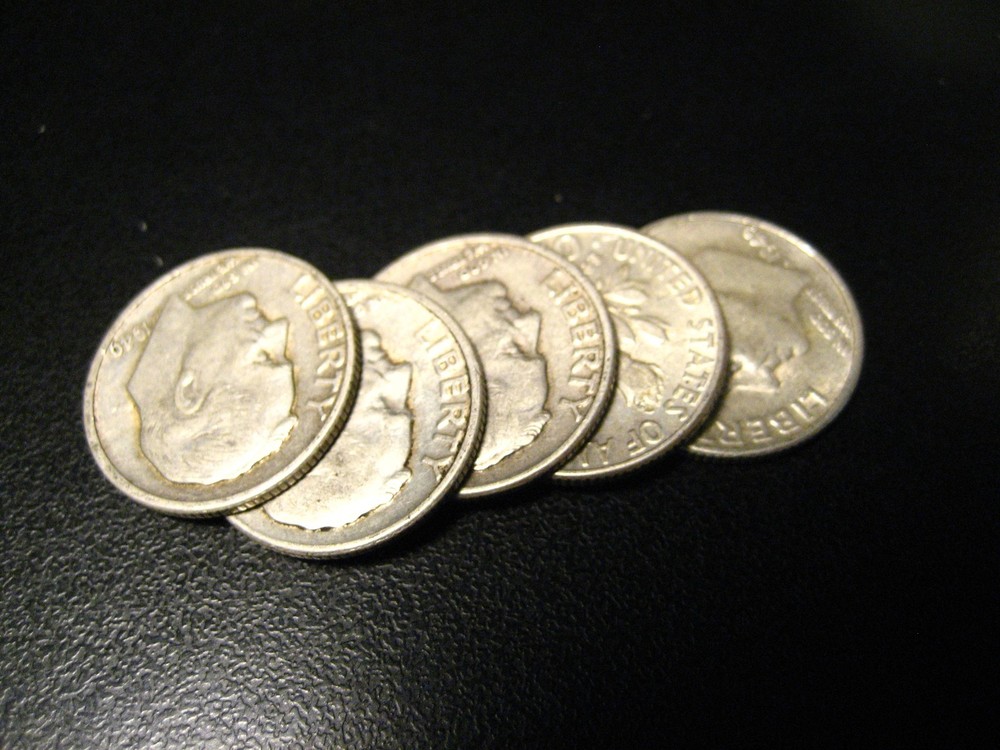 5 Pieces 1949-D 90% Silver Roosevelt Head Dimes