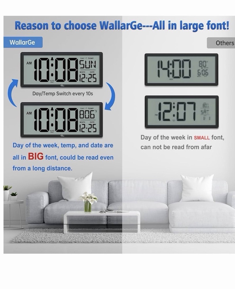 WallarGe 14.5'' Large Digital Wall Clock Battery Operated