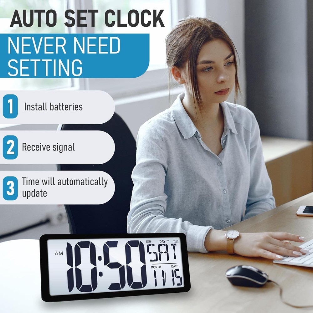Atomic Clock with Backlight 14 2 Large Digital Wall Clock Battery...