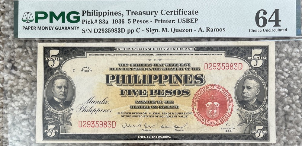 1936 5 Pesos Philippines MS64